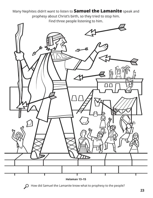A line drawing of Samuel the Lamanite preaching to the Nephites of Christ's coming while they unsuccessfully try to shoot him with arrows.