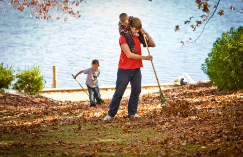 youth raking leaves