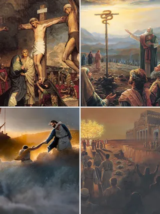 composite image showing Jesus on the cross, the brass serpent, Jesus helping Peter walk on water, and Lehi’s vision