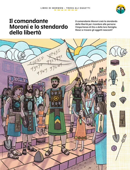 PDF contenente immagini di oggetti nascosti raffigurante il comandante Moroni che tiene in mano lo stendardo con il motto della libertà