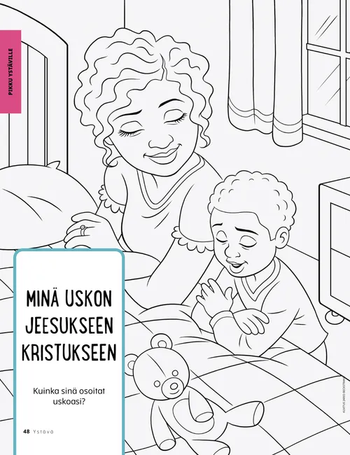 PDF-värityssivu, jolla nainen ja poika ovat polvistuneena vuoteen viereen rukoilemaan