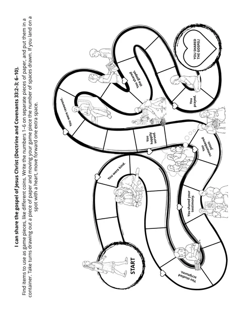 Line art illustration of a game board to help Primary-age children learn how to share the gospel.