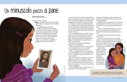 PDF della pagina con illustrazioni di una bambina che tiene in mano una briciola di pane e guarda un’immagine di Gesù Cristo, e della bambina seduta in braccio alla mamma