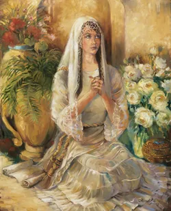 Esther kneels in prayer asking for strength through Jesus Christ to overcome her challenge in addressing her husband the king