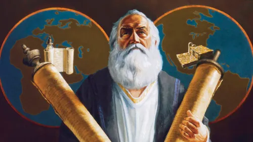 Ezekiel depicted holding two scrolls, which represent the Bible and the Book of Mormon