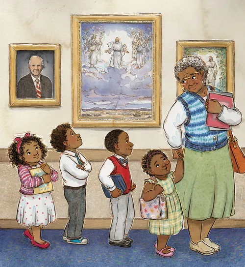 Primary children walking behind Primary teacher