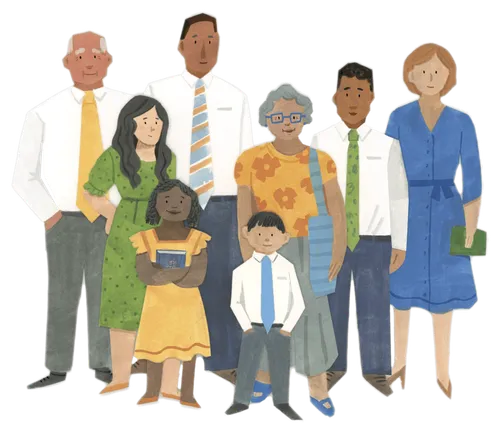 A group of diverse people wearing Sunday clothes