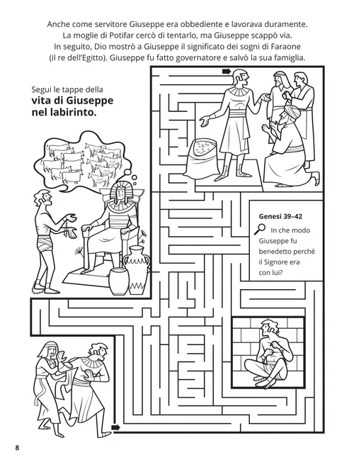 PDF della pagina da colorare con scene della vita di Giuseppe in Egitto, più un labirinto