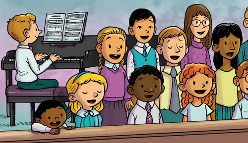 Boy playing the piano and children singing