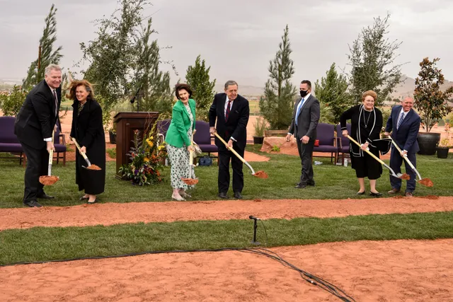 Local Church leaders in Utah participate in the groundbreaking of the Red Cliffs Utah Temple on Saturday, November 7, 2020.