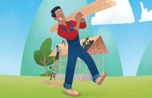 man carrying boards to build