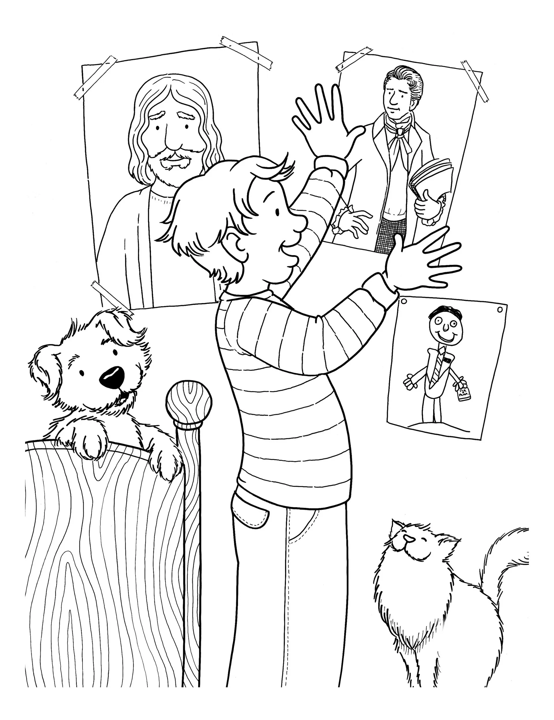 A boy tapes a poster of Joseph Smith to his bedroom wall next to a poster of Jesus Christ.