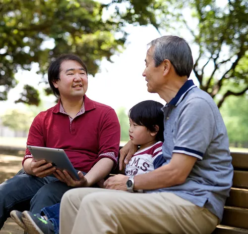portrait of grandpa, father, and son in park