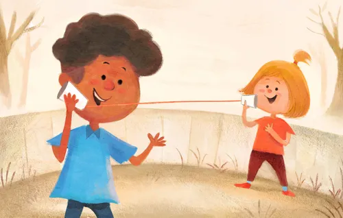 A boy and girl talking on a cup and string telephone