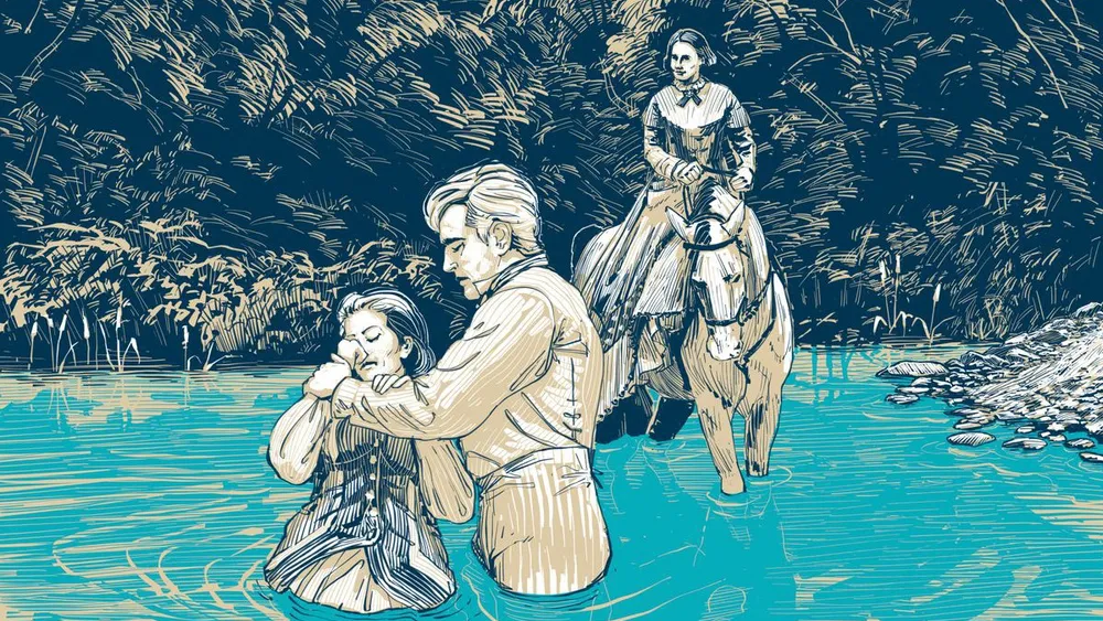 A man baptizing a woman in river, with a woman on horseback in the river watching.