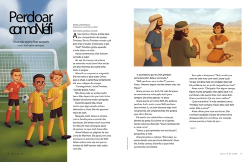 História em PDF sobre três meninos jogando futebol e Néfi com seus irmãos