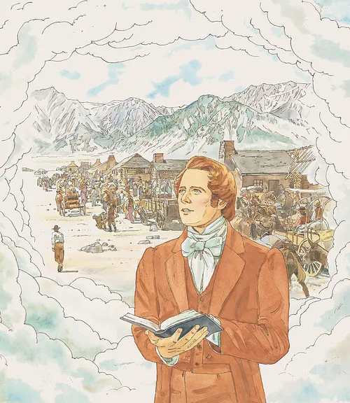 Joseph standing with an open book, behind him is a circle of clouds and a vision of the Rocky Mountains and church settlements. Chapter 53-8