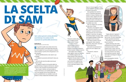 PDF della pagina con illustrazioni di un ragazzino che si gratta la testa, gioca a footy [football australiano], prega in macchina e va in chiesa a piedi con la sua famiglia