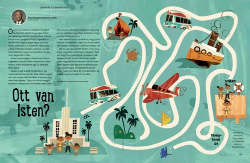 PDF-oldal útvesztővel, amelyen illusztrációk vannak a templomba különböző közlekedési eszközön elutazó családról