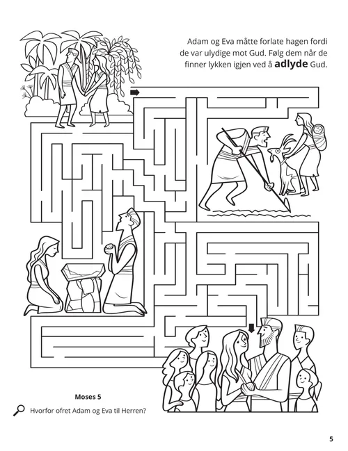 PDF-fargeleggingsside av scener fra Adam og Evas liv, samt en labyrintaktivitet