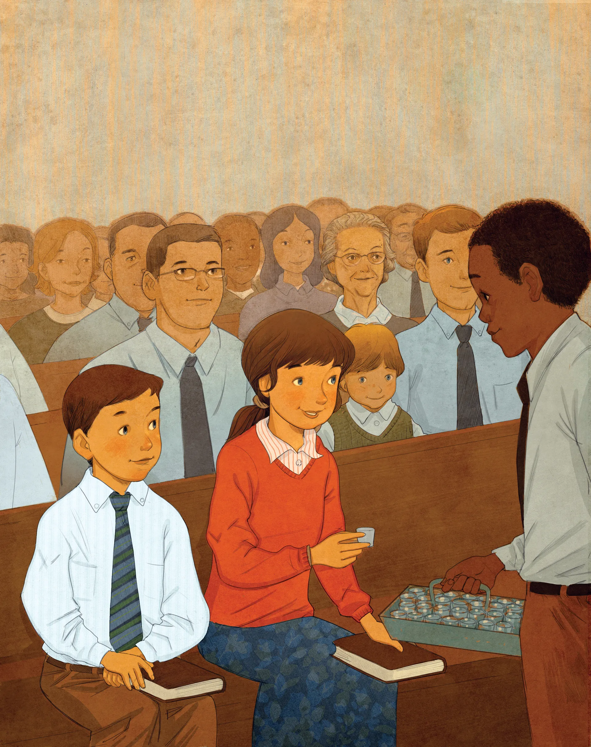 An illustration of a deacon passing the sacrament water to a young woman.