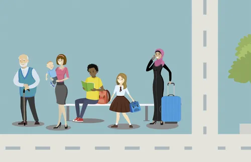 people at the neighborhood bus stop