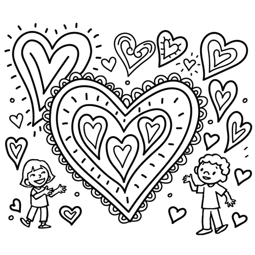 A coloring page of hearts, a girl, and a boy