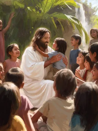 Jesus smiling at a group of children