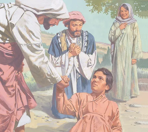 Jesus helping boy stand