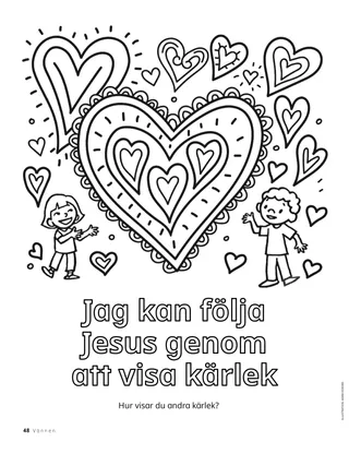 Färgläggningssida med barn och stora hjärtan