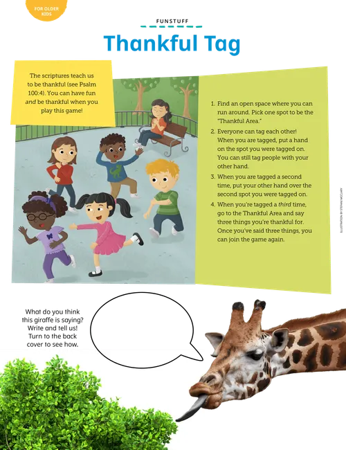 Activity PDF with image of children playing tag, plus an activity to fill in words for a giraffe