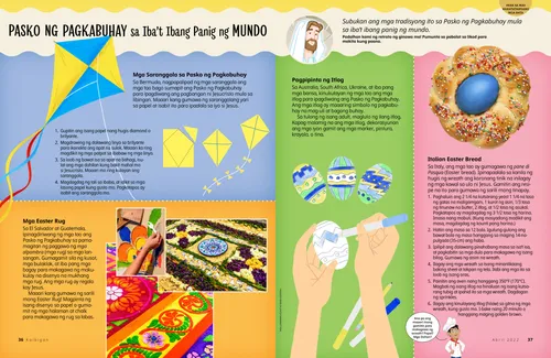 Pahina ng PDF na may mga paglalarawan ng isang papel na saranggola, makukulay na alpombra, mga kamay na nagpipinta ng mga itlog, at Italian Easter bread