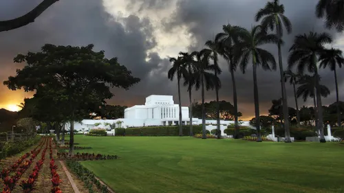 Laie Hawaii temple under a cloudy sky