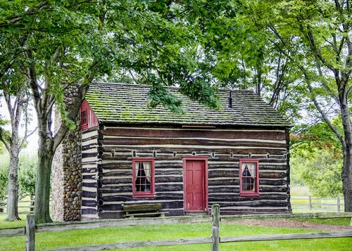 exterior of reconstructed Peter Whitmer Sr. home, Fayette, New York