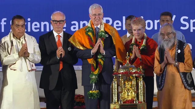 Elder D. Todd Christofferson of the Quorum of the Twelve Apostles alongside his wife, Sister Kathy Christofferson, and other dignitaries, receives the Philosopher Saint Shri Dnyaneshwara World Peace Prize on behalf of The Church of Jesus Christ of Latter-day Saints in Pune, India, August 14, 2017.