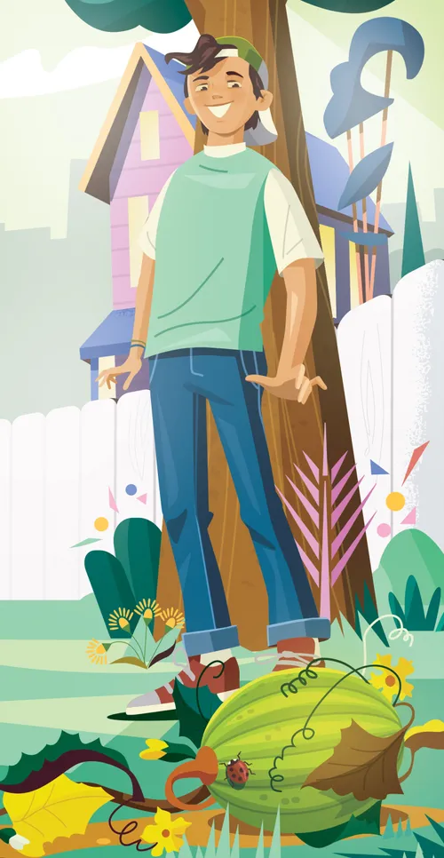 Boy looking down at watermelon growing on a vine