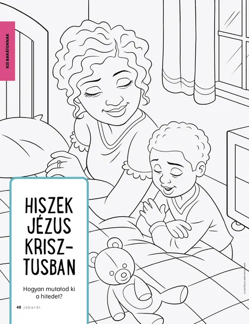 PDF-oldal színezővel, amelyen egy fiú és az édesanyja imádkozik egy ágy mellett