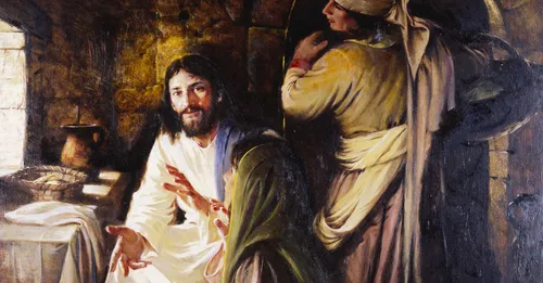 Painting of Jesus preaching to Mary and Martha.