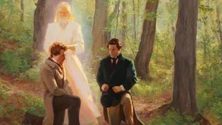John the Baptist laying his hands on a kneeling Joseph Smith conferring the Aaronic Priesthood on him.  Oliver Cowdery is kneeling with him. They are in a grove of trees.
