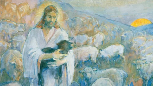 Christ, dressed in white, is portrayed as a shepherd. He is holding a dark colored lamb while many light colored sheep follow behind him.