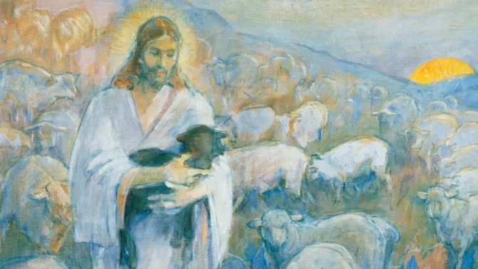 Christ, dressed in white, is portrayed as a shepherd. He is holding a dark colored lamb while many light colored sheep follow behind him.
