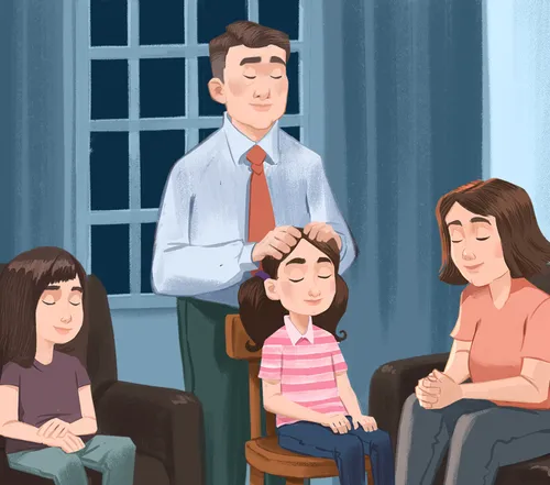 Dad giving daughter a blessing while Mom and sister sit with their eyes closed and heads bowed