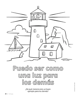 Actividad de página para colorear con un faro, una costa rocosa y un velero en el océano