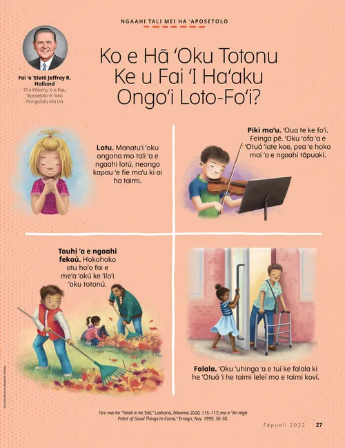 Peesi PDF mo ha ngaahi fakatātā ʻo ha fānau ʻoku lotu, tā vaioliní, tafi e laʻivevé, mo pukepuke ha matapā ki ha fefine ʻokú ne fakaʻaongaʻi ha uoka