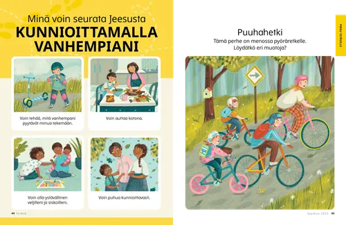 Sivun PDF, jossa on kuvia lapsista ajamassa potkulaudalla kypärä päässä, auttamassa aterian valmistamisessa, pelaamassa lautapeliä perheen kanssa ja kävelemässä ulkona vanhempiensa kanssa, sekä tehtävä, jossa etsitään muotoja kuvasta, jossa perhe on pyöräretkellä