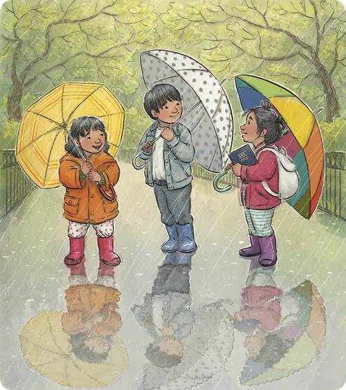 kids in the rain with umbrellas