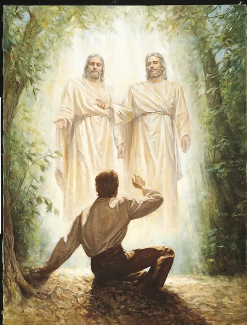 The Prophet Joseph Smith, Jr. in the Sacred Grove (in Manchester, New York) when he received the First Vision. Joseph is depicted kneeling before God the Father and Jesus Christ. Both God the Father and Christ are portrayed wearing white robes. The Father is presenting Christ to Joseph. There are trees in the background. (Joseph Smith - History 1:15-20)