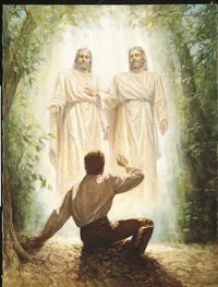The Prophet Joseph Smith, Jr. in the Sacred Grove (in Manchester, New York) when he received the First Vision. Joseph is depicted kneeling before God the Father and Jesus Christ. Both God the Father and Christ are portrayed wearing white robes. The Father is presenting Christ to Joseph. There are trees in the background. (Joseph Smith - History 1:15-20)