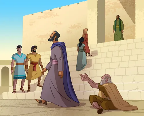 A man who cannot walk is in front of the temple.