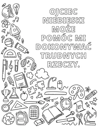 Strona do kolorowania przedstawiająca różne materiały szkolne i inne przedmioty